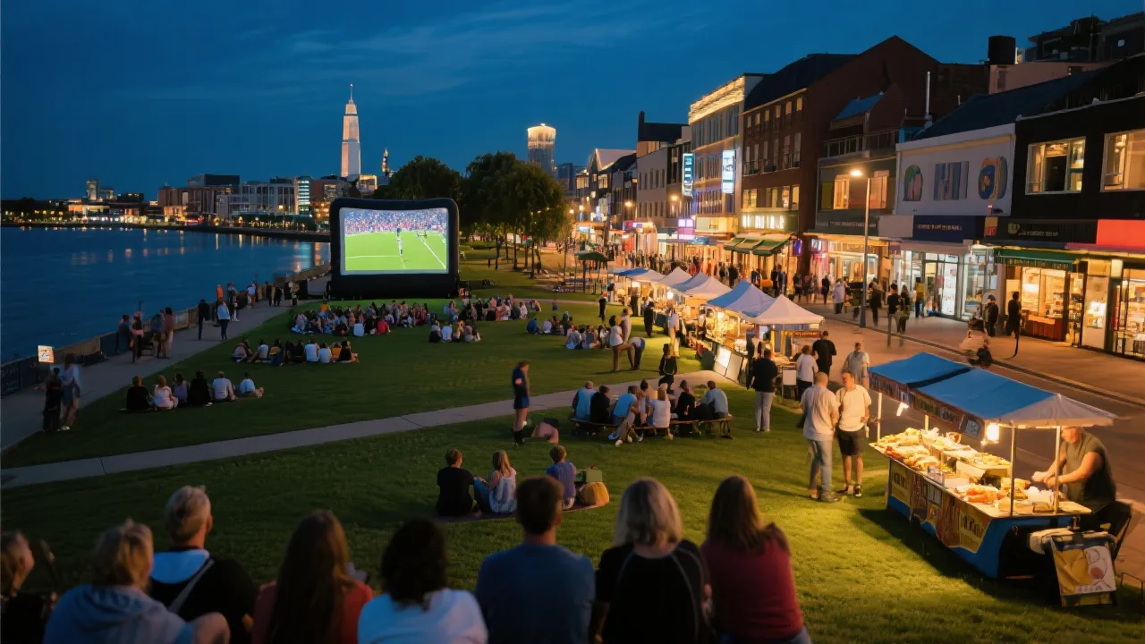 城市滨水公园与商圈夜景，设置大屏观赛与餐饮摊位的氛围示意