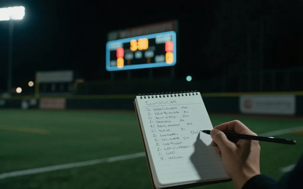 夜晚球场与记分牌特写，旁边是写满比赛要点的笔记本