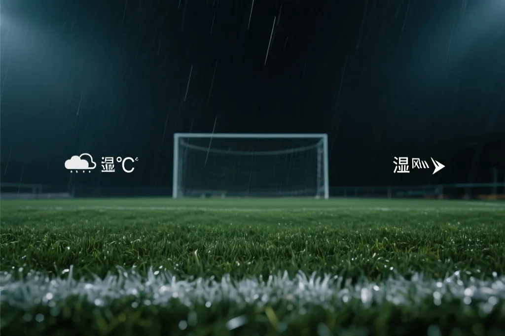 球场夜景与天气信息叠加的示意画面，强调温度、湿度与草皮对比赛节奏的影响